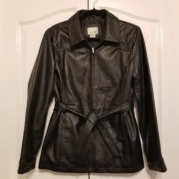 Genuine Leather Jacket Black with Waist Tie Collared Medium East 5th Vintage - Picture 2 of 15